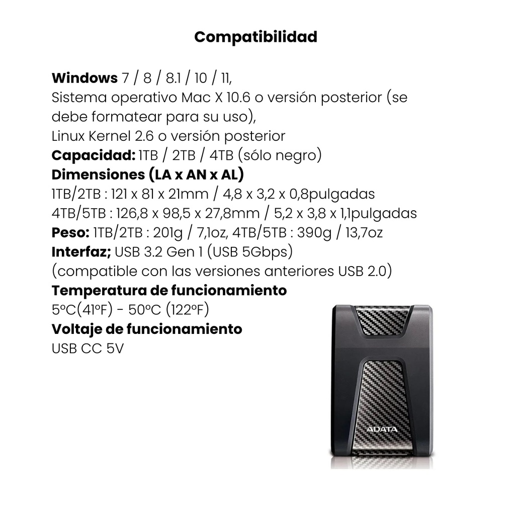 Disco Duro Externo ADATA AHD650 2TB Negro