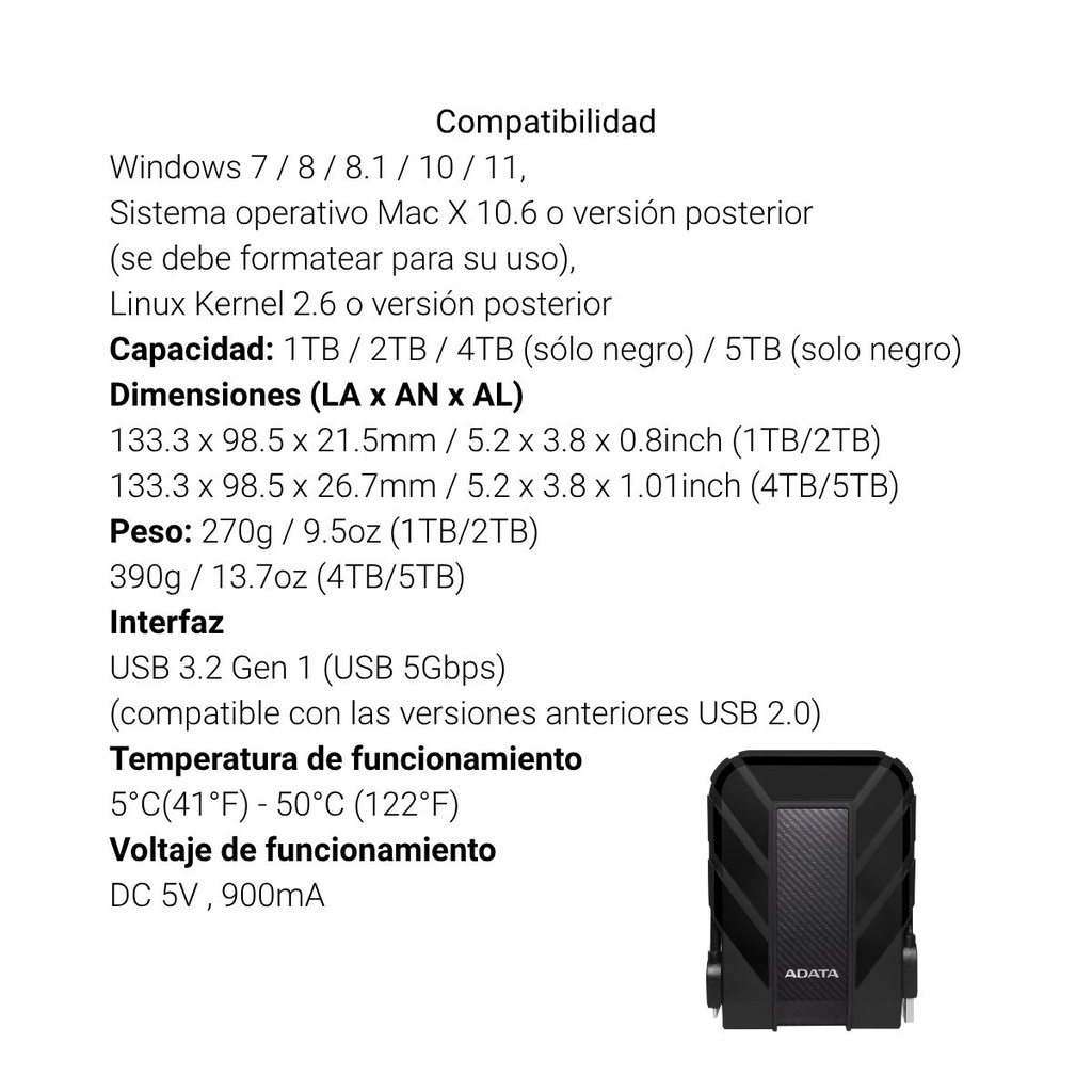 Disco Duro Externo ADATA Negro HD710P 5TB Antigolpes y Sumergible