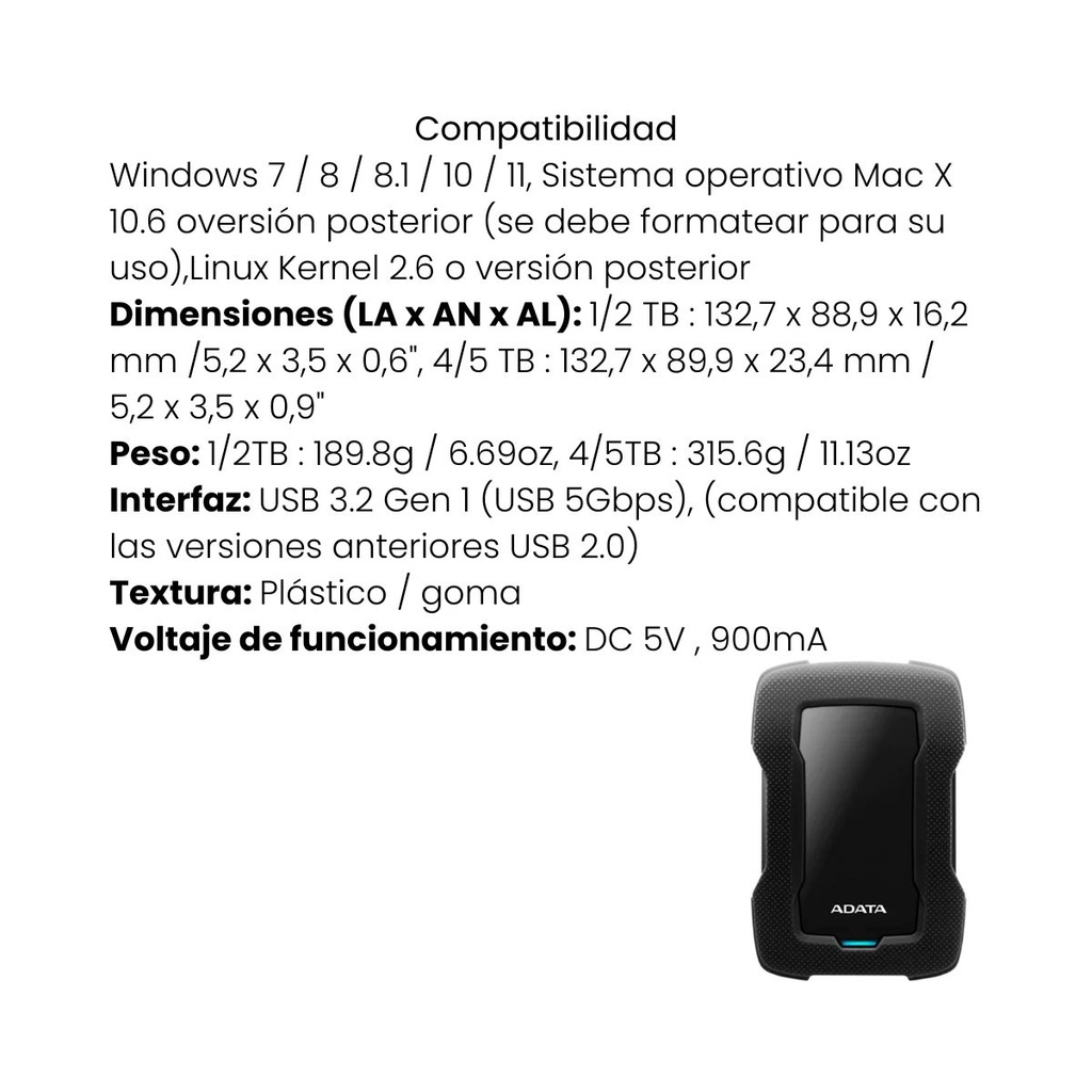 Disco Duro Externo ADATA AHD330 4TB Negro