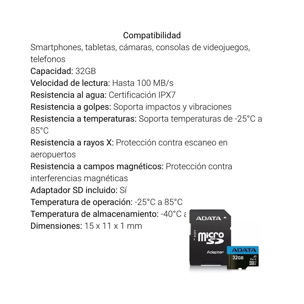Tarjeta Micro SD ADATA 32GB con Adaptador Clase 10 