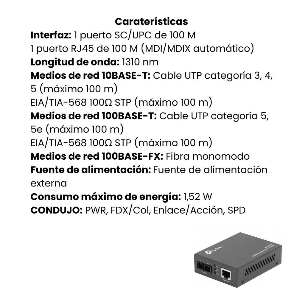 Convertidor Tp-Link Multimedia de Modo Individual de 10/100Mbps