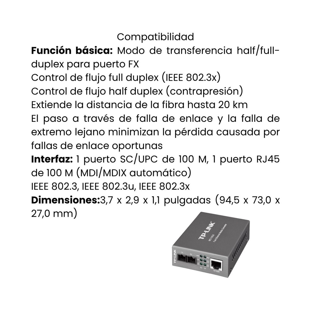 Convertidor Tp-Link Multimedia de Modo Individual de 10/100Mbps