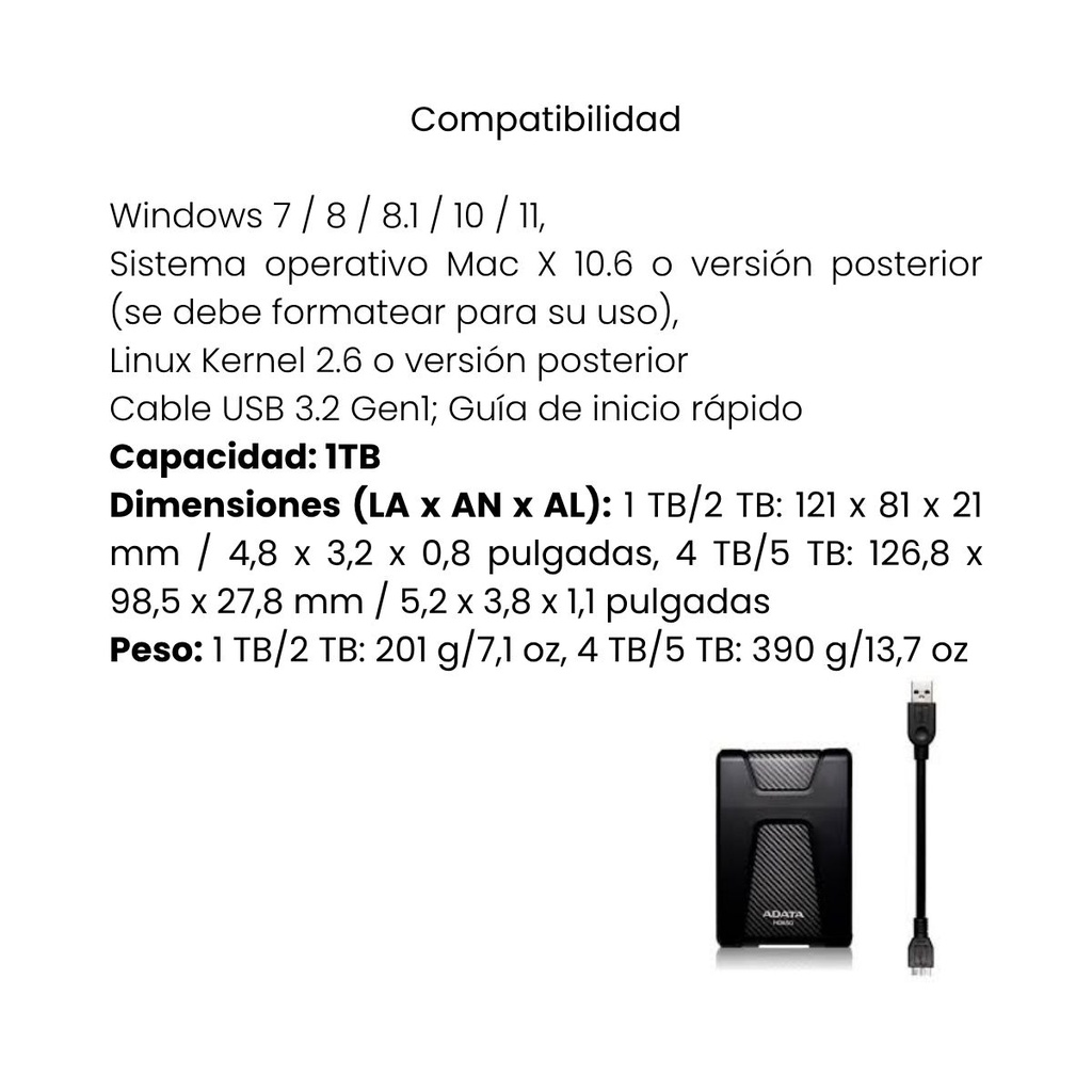 Disco Duro Externo ADATA AHD650 1TB Negro