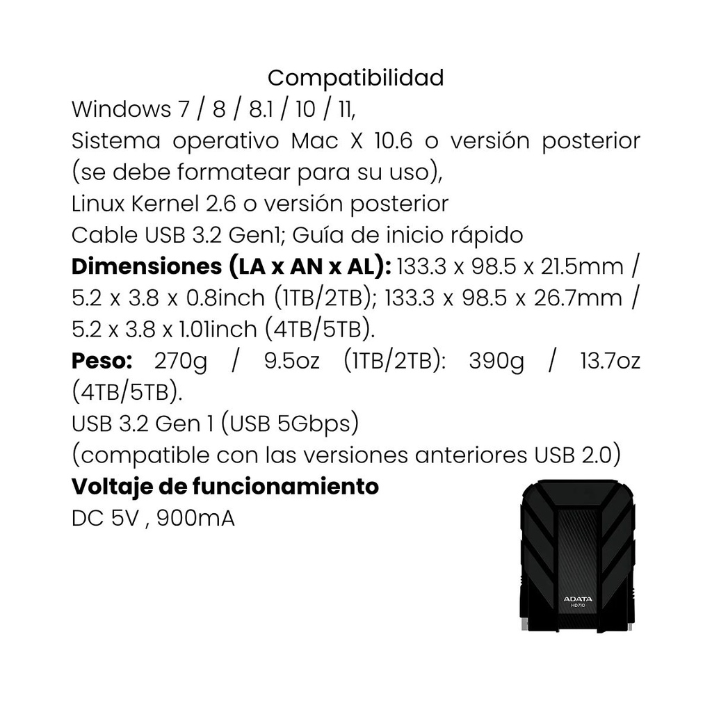 Disco Duro Externo ADATA HD710P 4TB Negro
