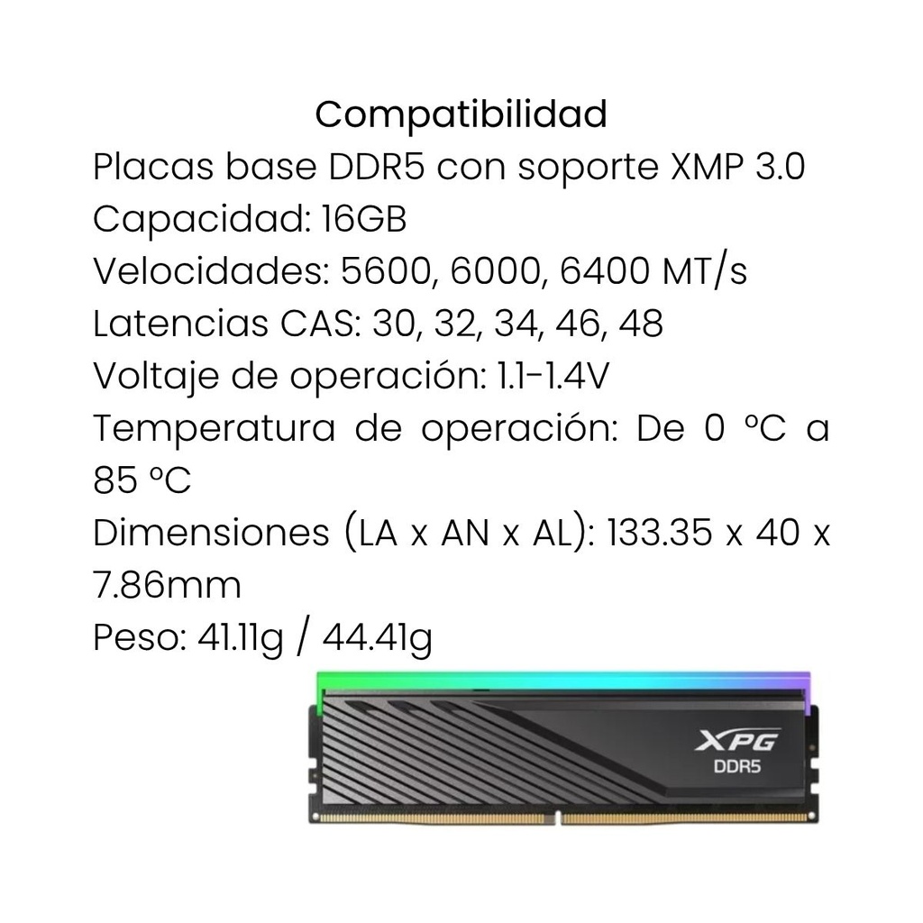 Memoria RAM ADATA XPG Lancer Blade RGB 6000Mhz 16GB - Negro