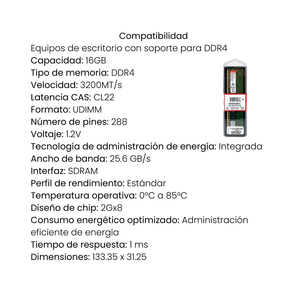 Memoria RAM Kingston Para PC 16GB DDR4 3200MT/s