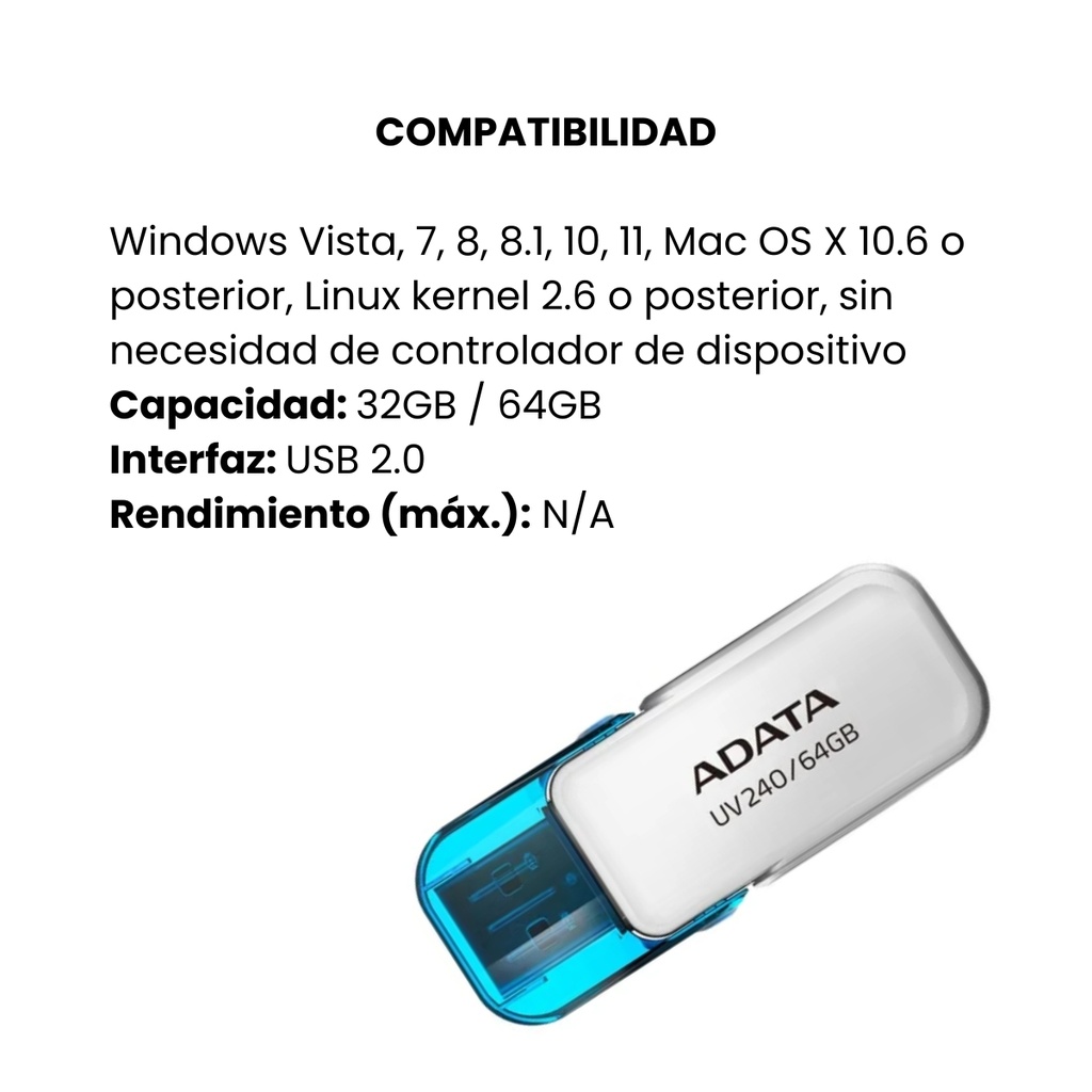 MEMORIA USB 2.0 ADATA UV240 64GB BLANCO-AZUL