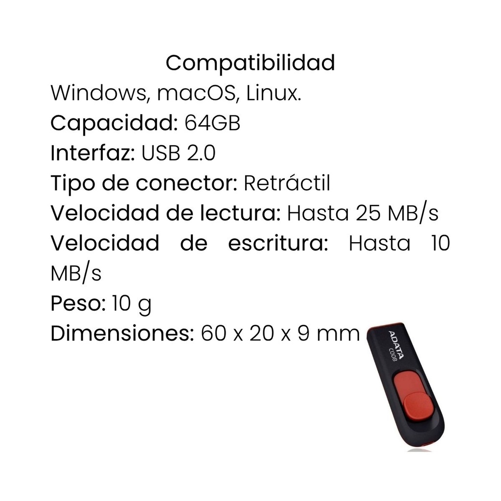 Memoria USB Adata Negra 2.0 64GB Retráctil 