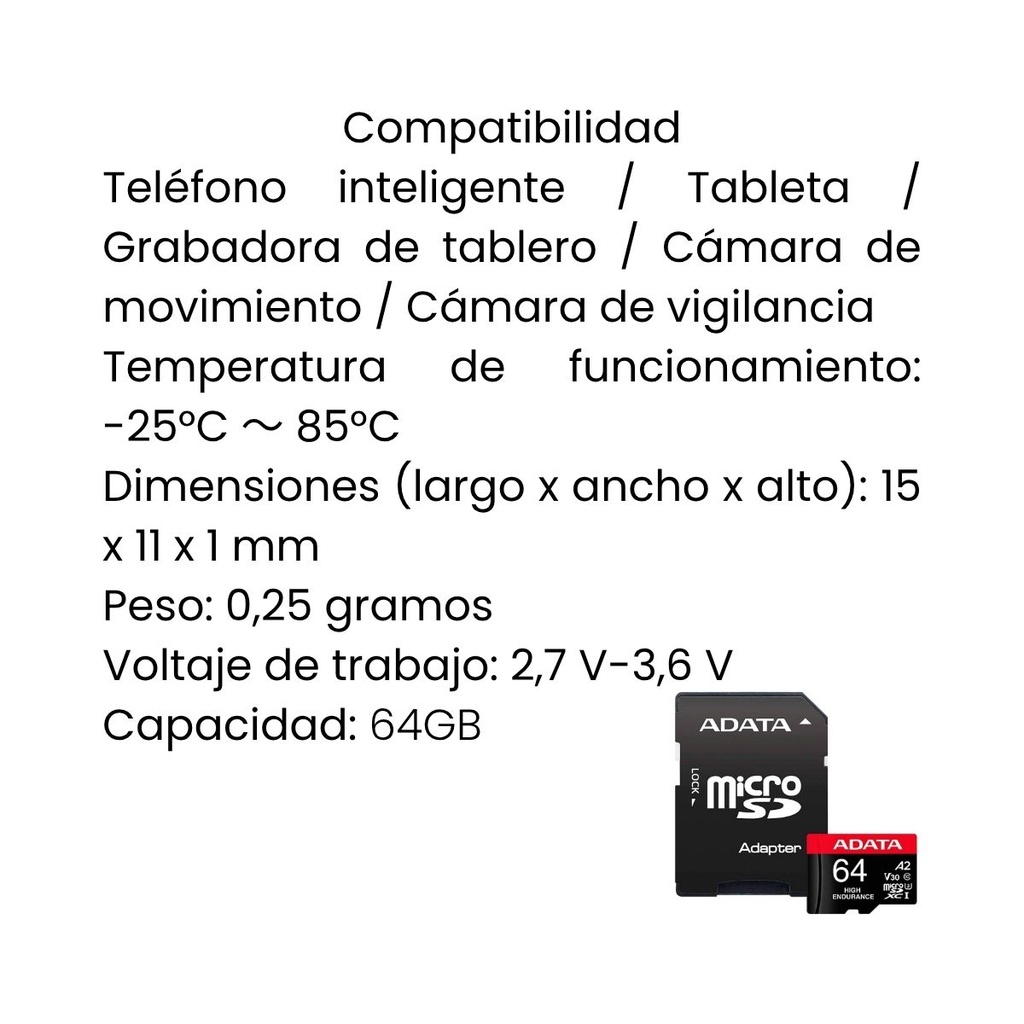Memoria Micro SD Adata 64GB Clase 10 con Adaptador
