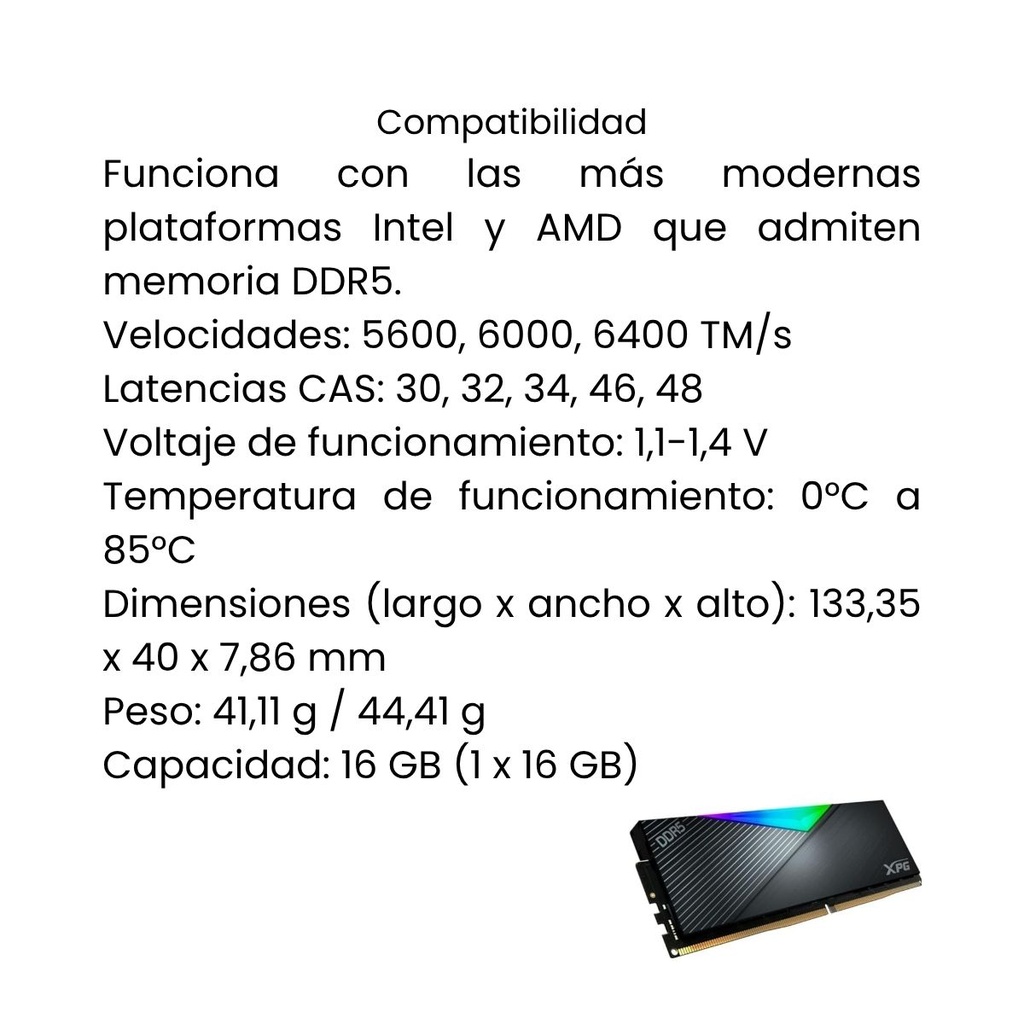 Modulo De Memoria RAM ADATA XPG Lancer Blade DDR5 RGB  - 16GB  6000 MHz - Negro