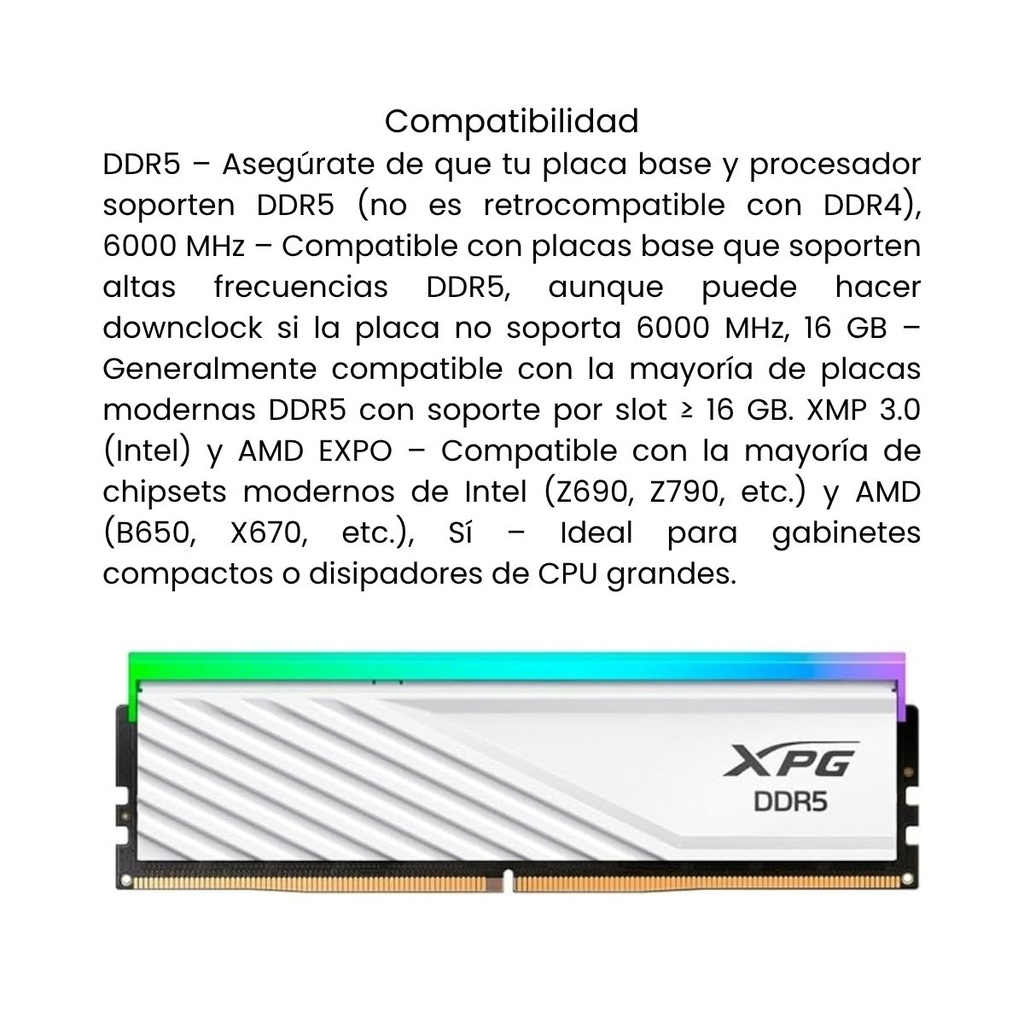 Modulo De Memoria RAM ADATA XPG Lancer Blade DDR5 RGB  - 16GB  6000 MHz - Blanco