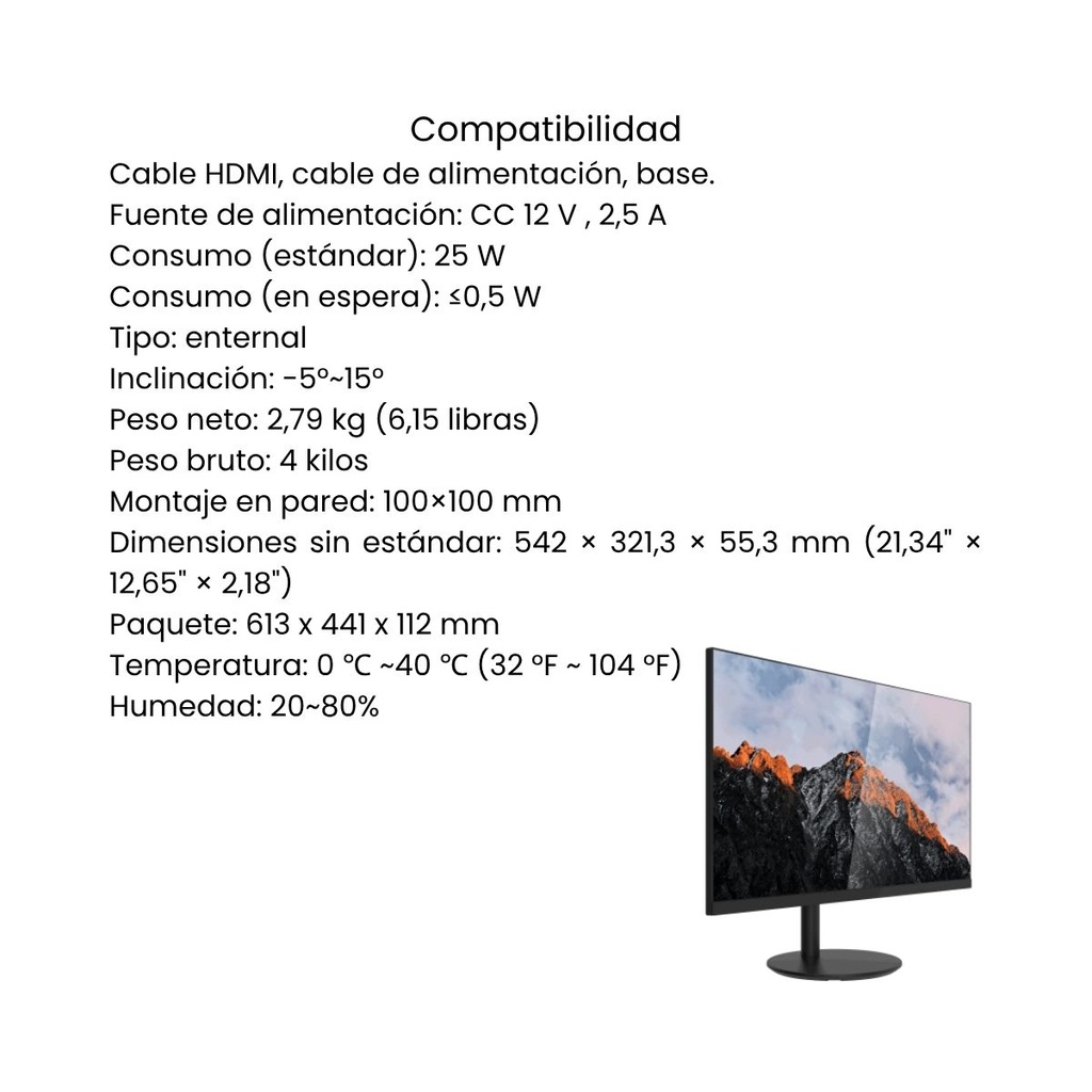 Monitor Dahua LED 23,8 Panel VA 100Hz (8ms) FULL HD (1920x1080) 16:9, Interfaz HDMI×1,VGA×1 (INCLUYE CABLE HDMI) Bezel ultradelgado 2,49 mm Contraste 4000:1, angulo de vison 178°(H)/178°(V) Compatible con soporte VESA 75x75mm (3.0x3.0)