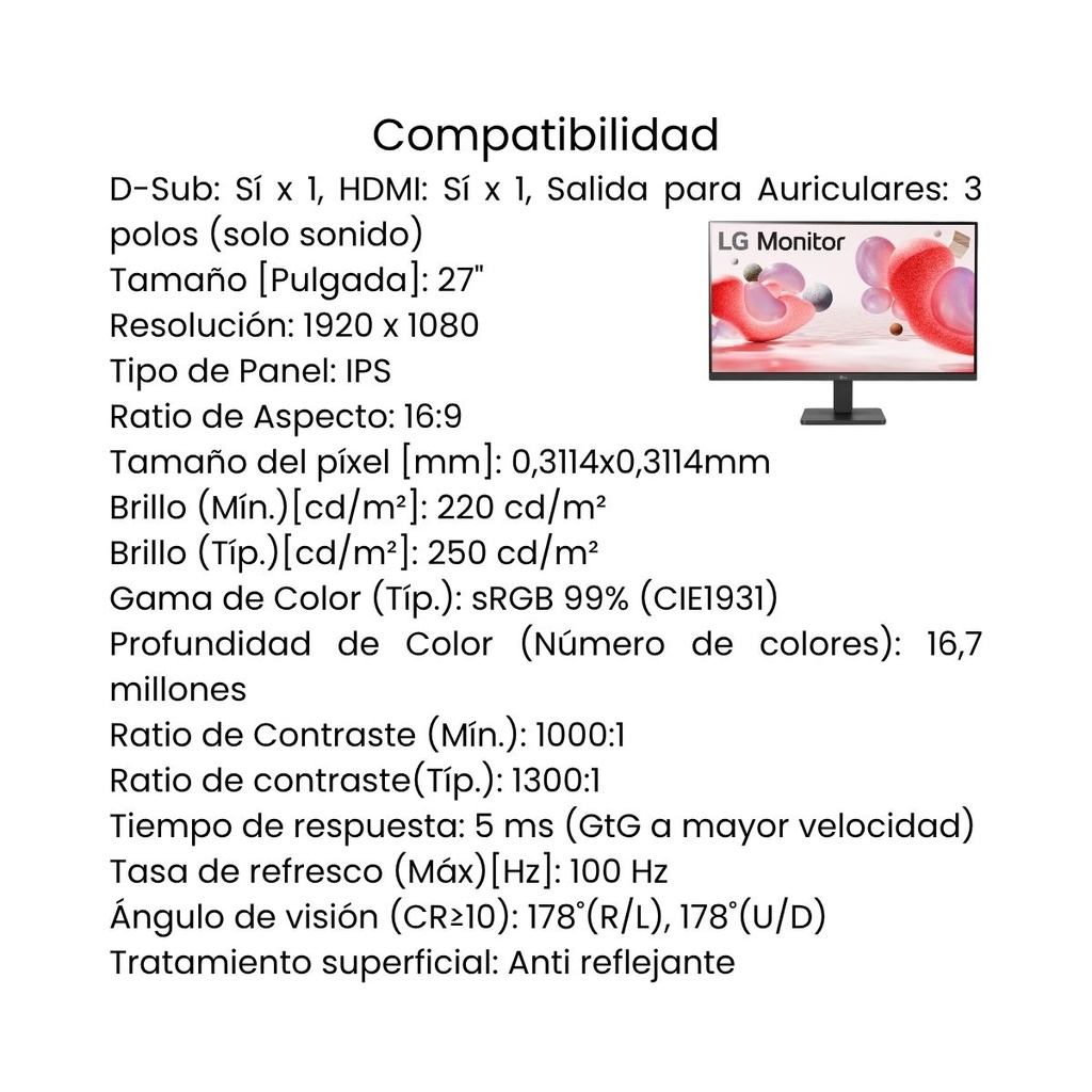 Monitor LG 27" MR400-B Full HD, 40 Meses De Garantía Negro