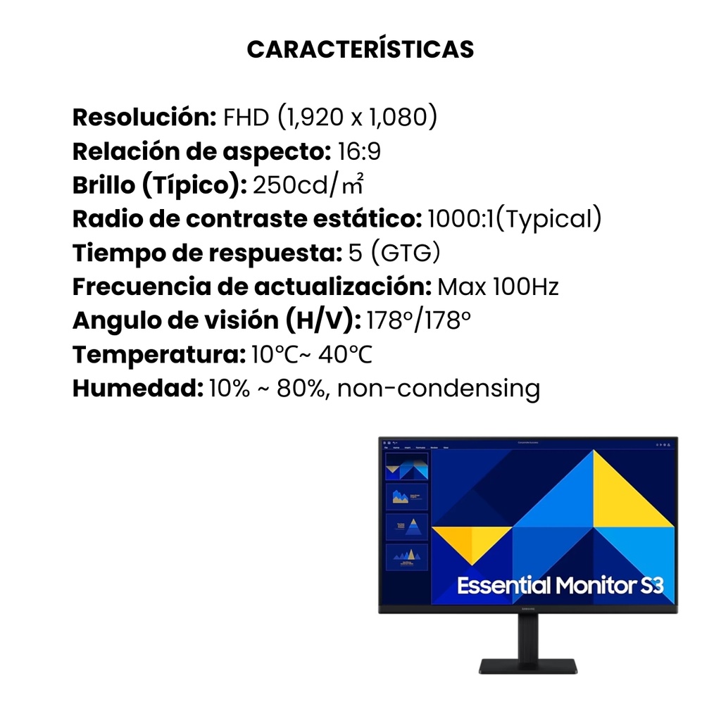 Monitor Samsung FHD Plano 24" IPS,1920X1080 (16:9) 1000:1 A 250nit Tiempo Respuesta: 4ms (GTG)100 HZ AMD FreeSync Conectividad: VGA, HDMI Negro