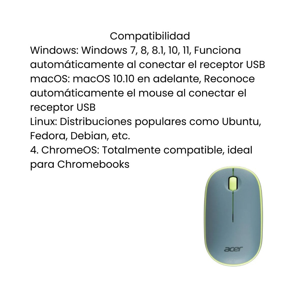 Mouse Acer AMR100 Color Blue inalámbrico de burbuja (1600 DPI/frecuencia inalámbrica de 2,4 GHz/sensor óptico/llave USB)