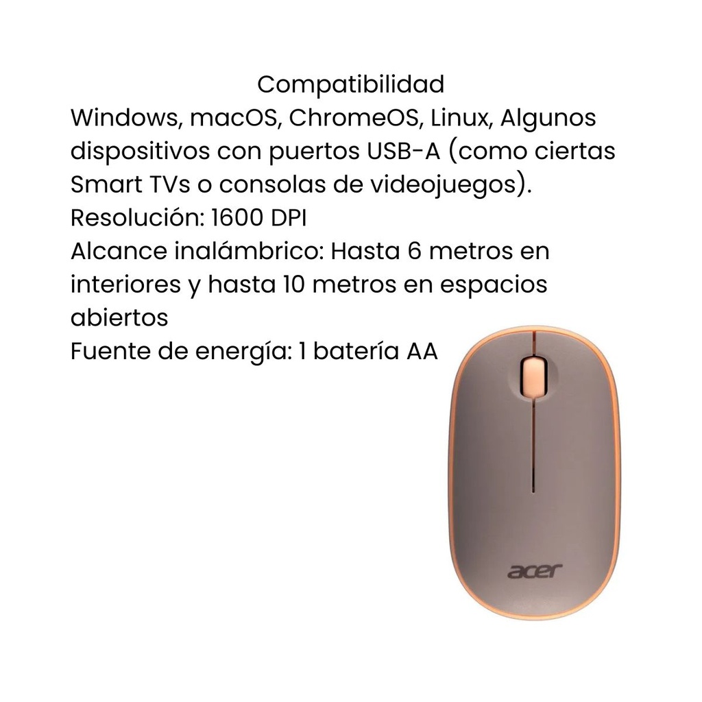 Mouse Acer AMR100 Color Durazno inalámbrico de burbuja (1600 DPI/frecuencia inalámbrica de 2,4 GHz/sensor óptico/llave USB)