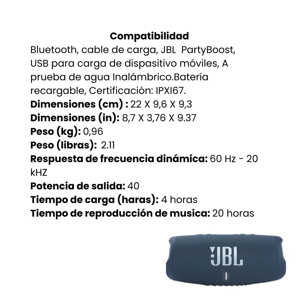 Parlante JBL Portátil Bluetooth Charge 5 - Azul