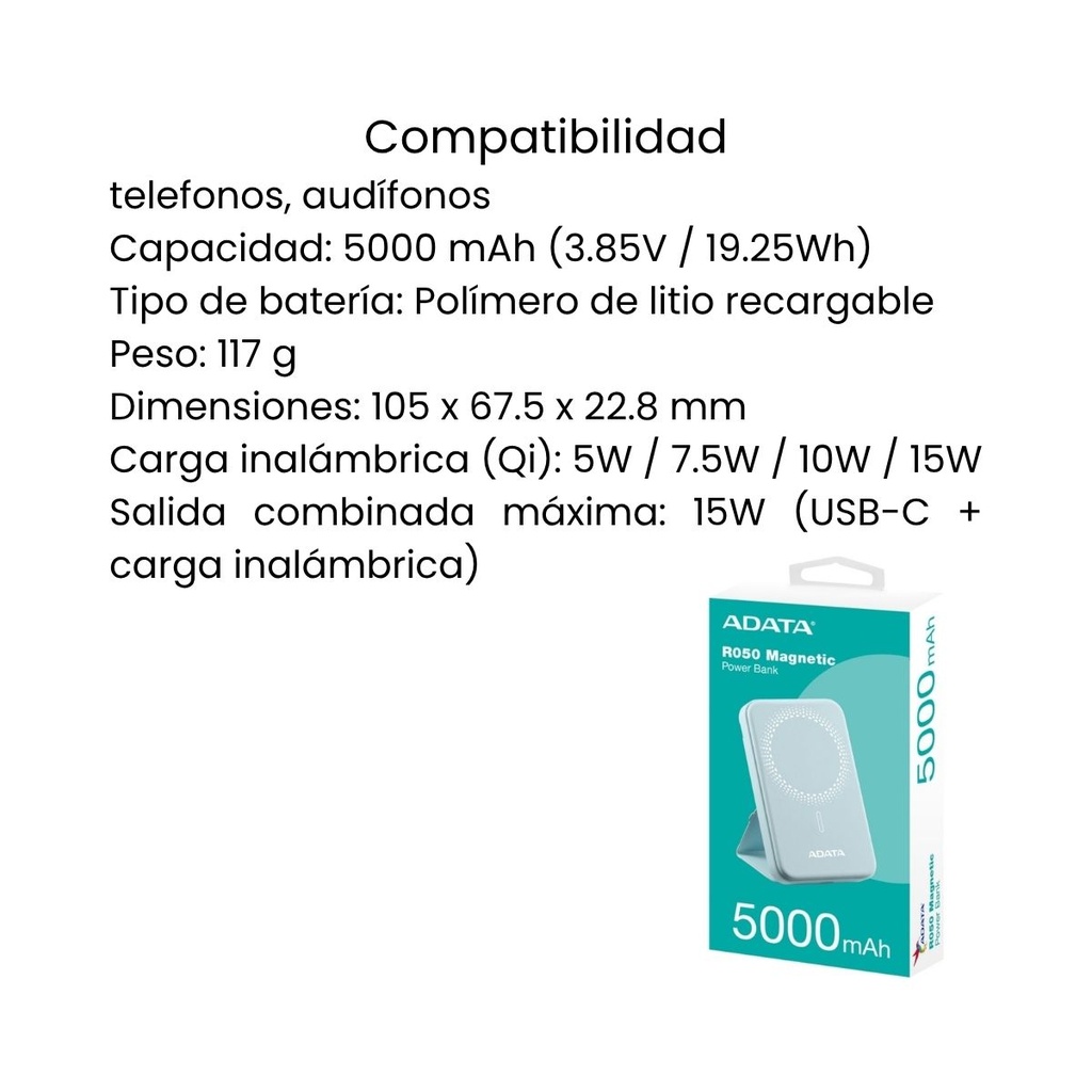 Power Bank Adata Cargador Portátil Magnético 5000mAh Tipo C Azul