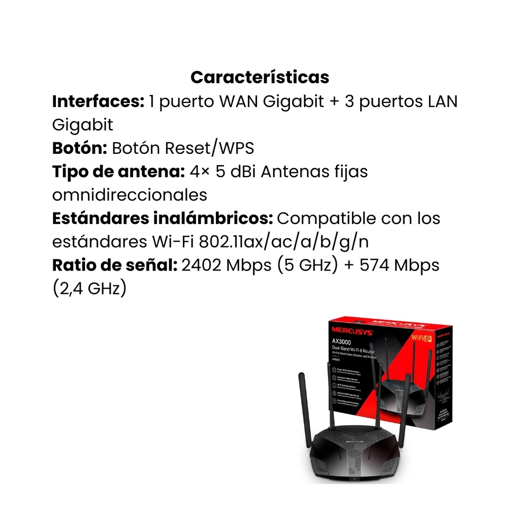 Router Mercusys Wi-Fi 6 AX3000 Doble Banda Modelo MR80X