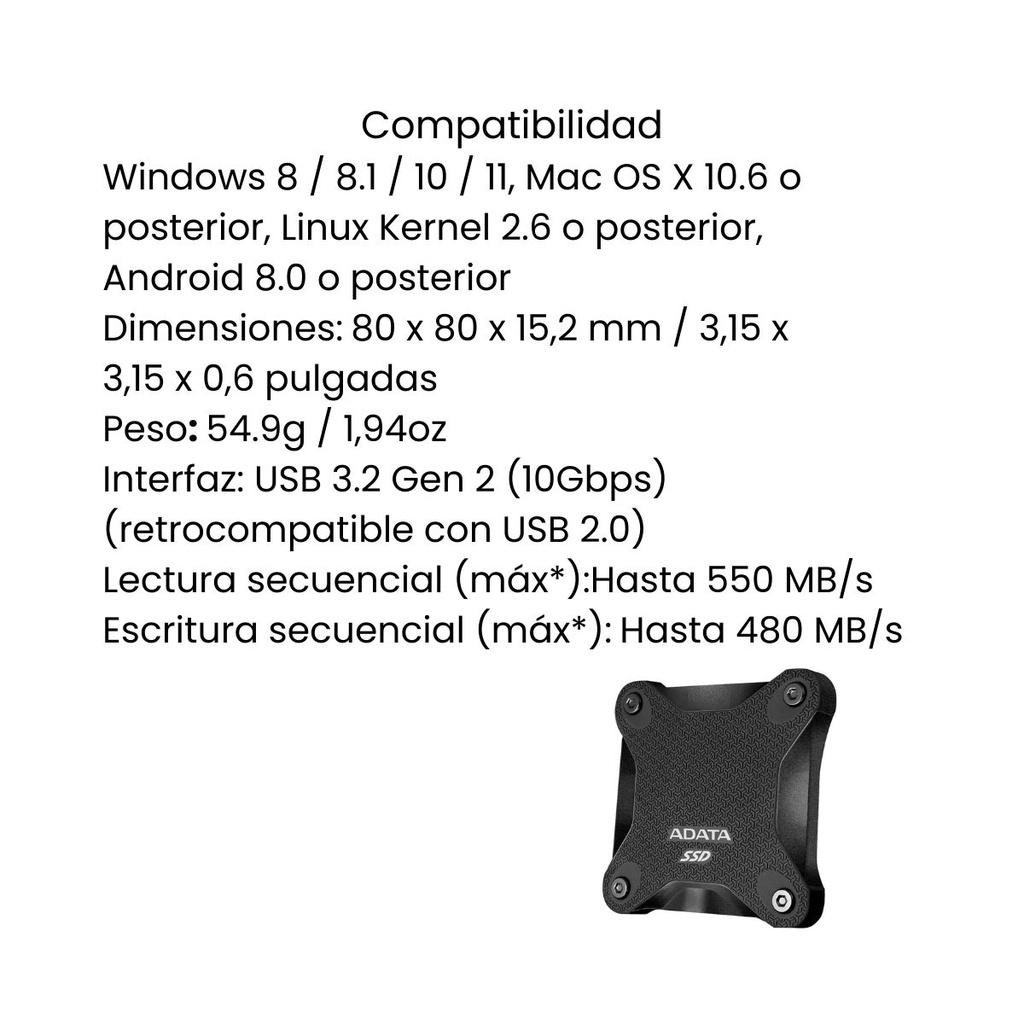 Memoria Externa SSD ADATA Antigolpes SD620 1TB Negro