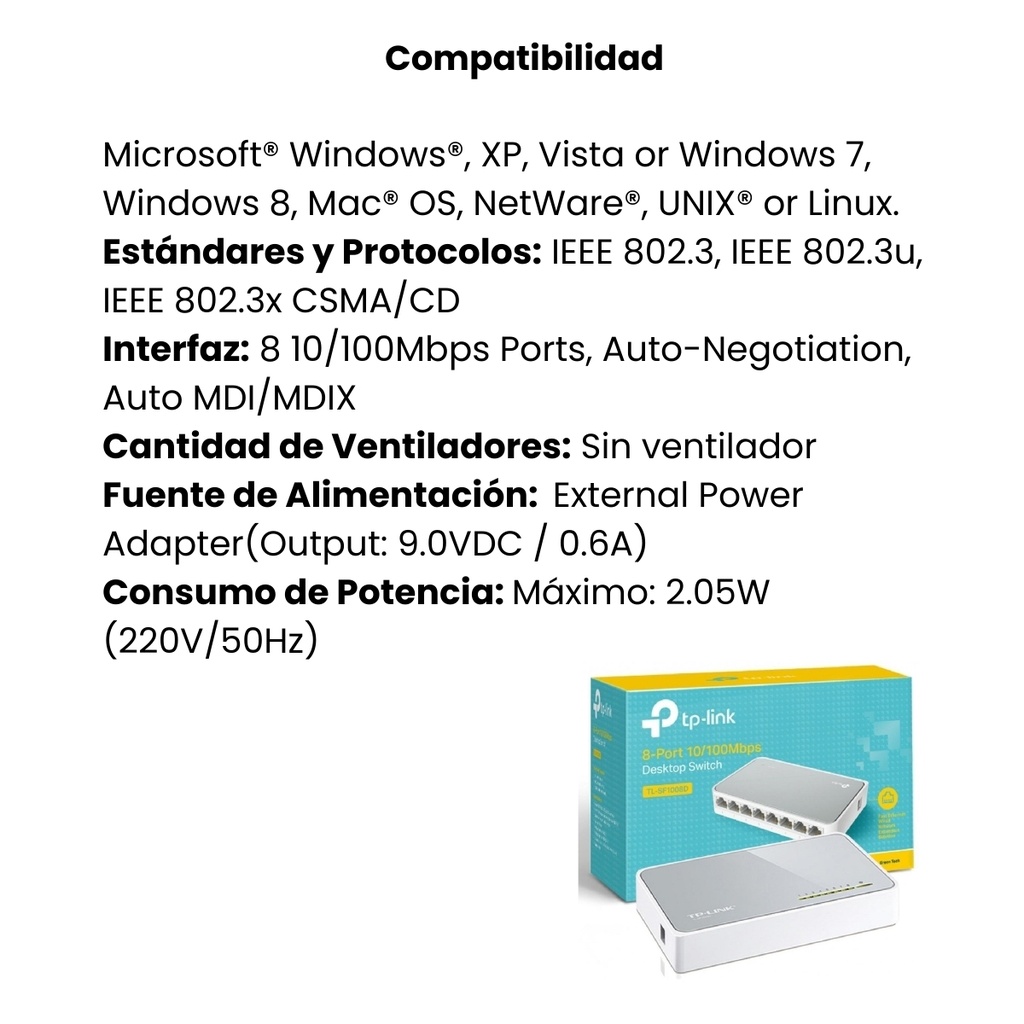 Switch de Escritorio TPLINK de 8 Puertos de 10/100 Mbps - Blanco