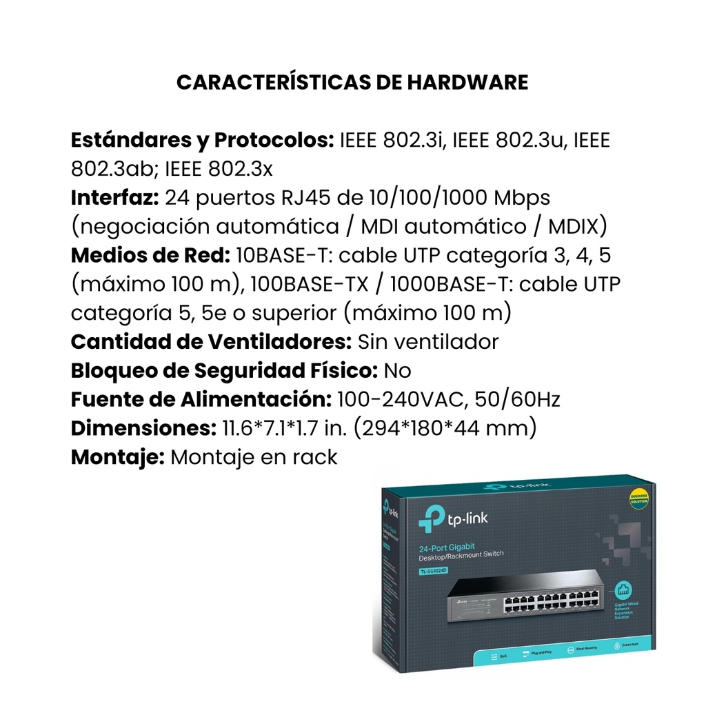 Switch TPLINK Gigabit 24 Puertos 10/100/1000 Montaje En Escritorio / Rack