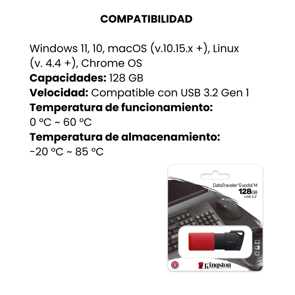 Memoria USB 3.2 Kingston 128GB Datatraveler Exodia Gen1 (Negro + Rojo)
