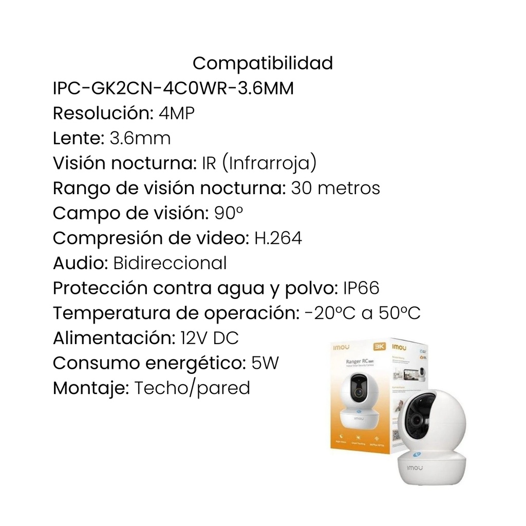Cámara de Seguridad IMOU Ranger RC 4MP 3K con WiFi, Visión Nocturna y Audio Bidireccional