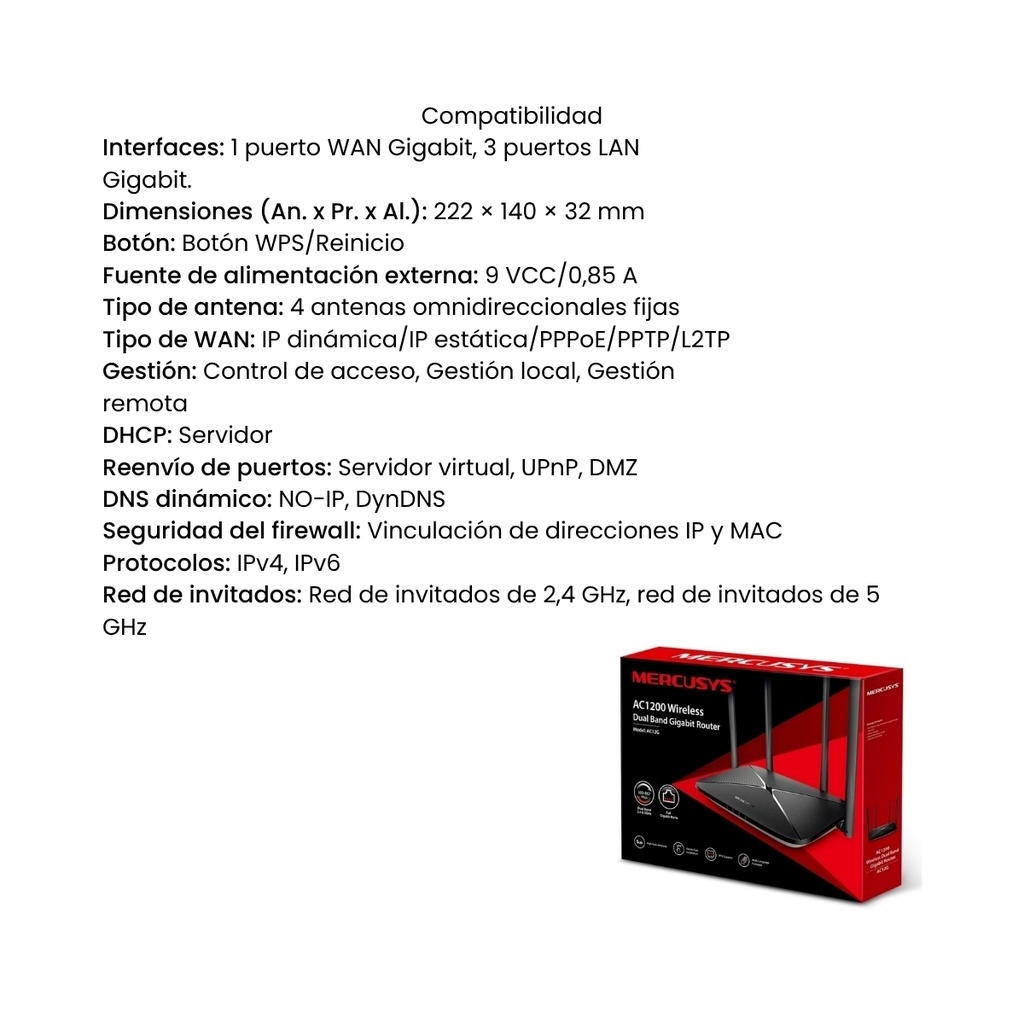 Router Mercusys Gigabit Inalámbrico de Doble Banda Ac1200 Negro