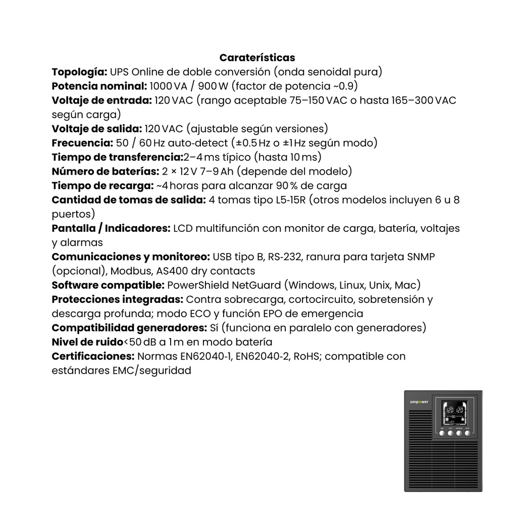 UPS PowerShield Torre 1KVA 0.9KW 120V LCD USB RS232 SNMP 4 Tomas