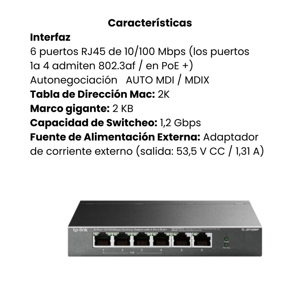 Tp Link Switch De 6 Puertos 10/100 4 Puertos Poe+ Tl-sf1006p