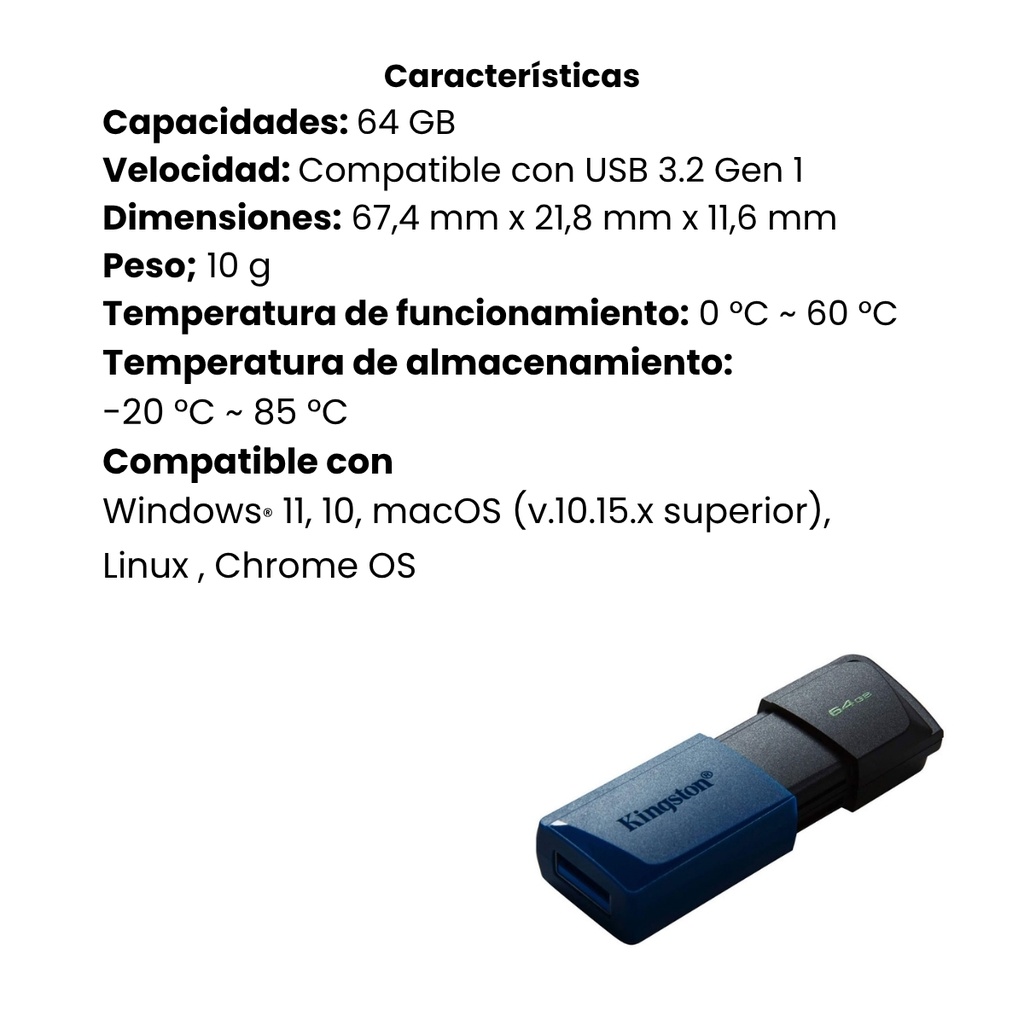 USB Kingston 64GB 3.2 Gen 1 Datatraveler Exodia M - Color: Negro+ Azul