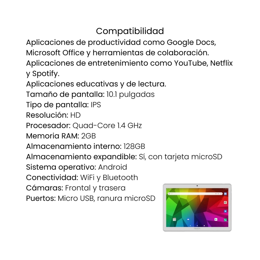 Tableta Touch 1100AS 10 Pulgadas 2GB 128GB Dorado