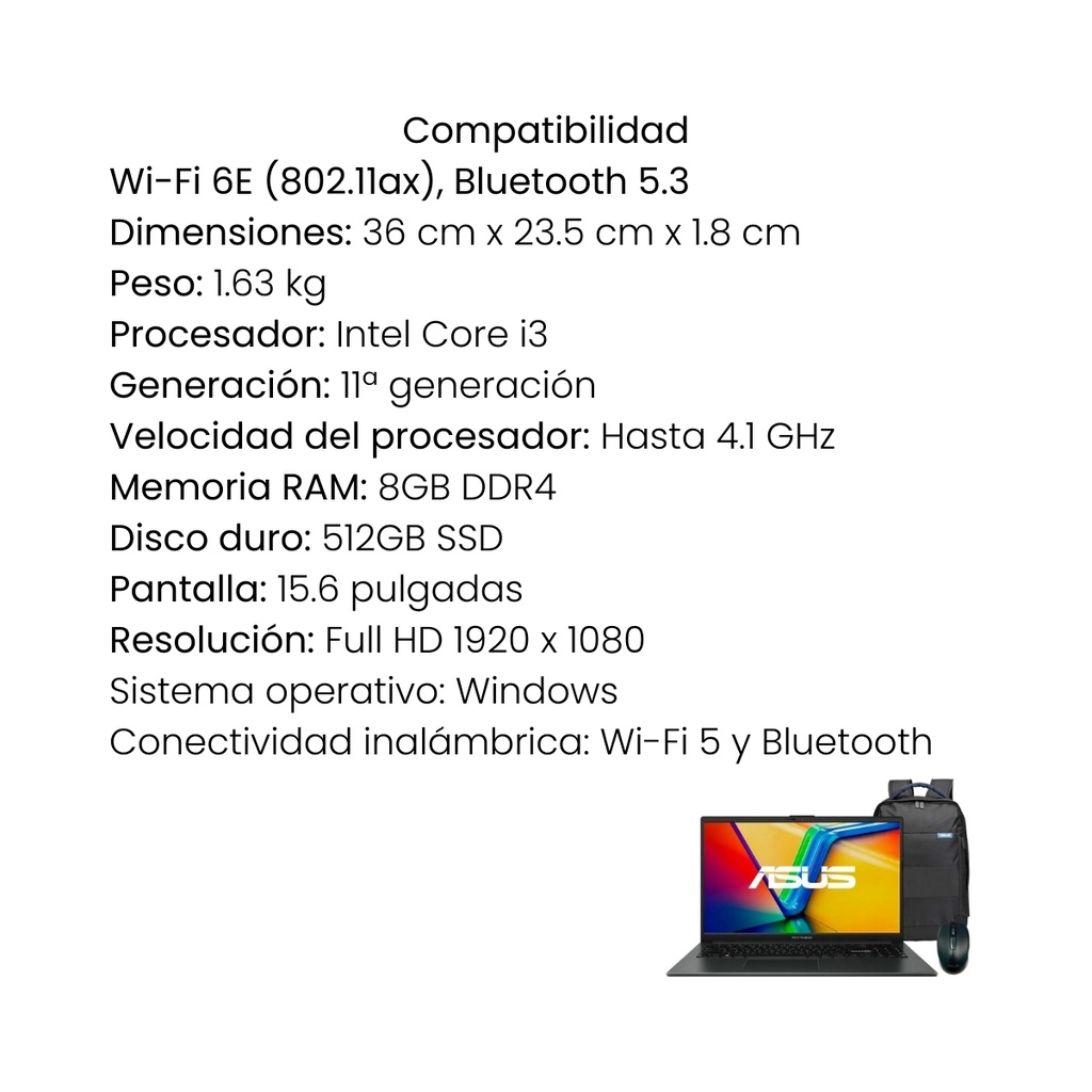 Portátil Asus Vivobook Go 15 i3 8GB 512GB + Morral y Mouse