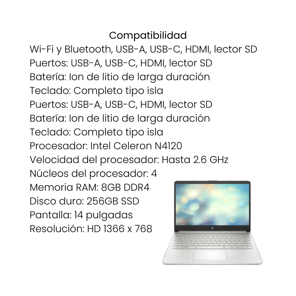 Portátil HP 14 Pulgadas Celeron N4120 8GB 256GB SSD FreeDOS Plata