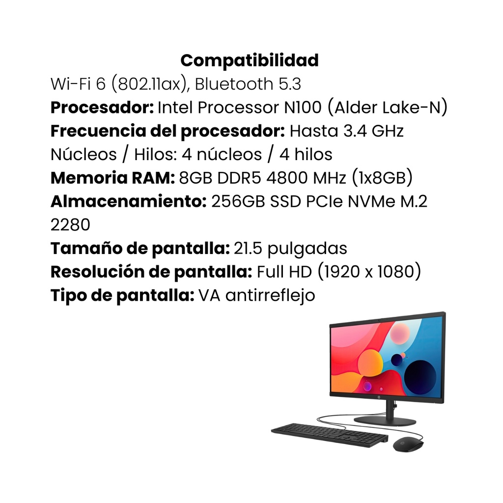 Computador HP Todo en Uno 22-dg0011la N100, 8GB, 256GB, 21.5" FHD