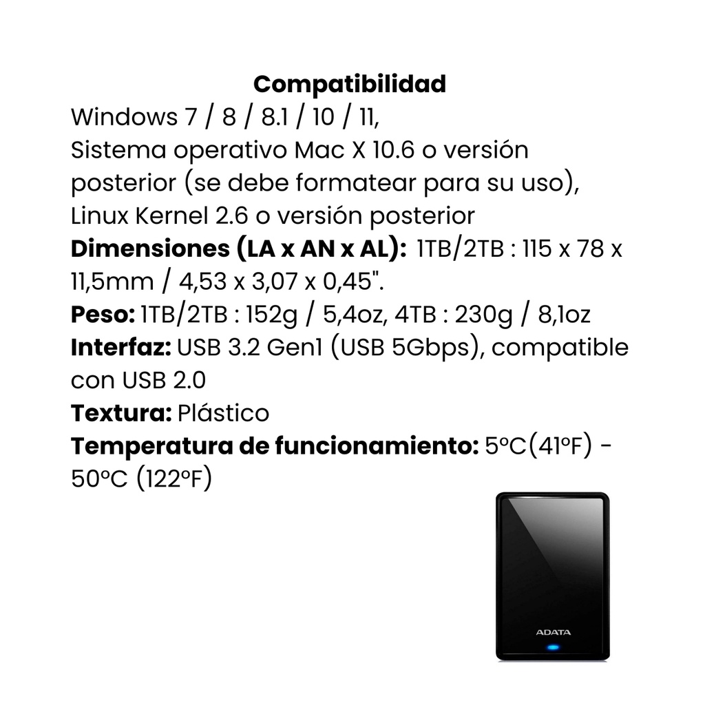 Disco Duro Externo ADATA AHV620S 1TB Negro USB 3.0