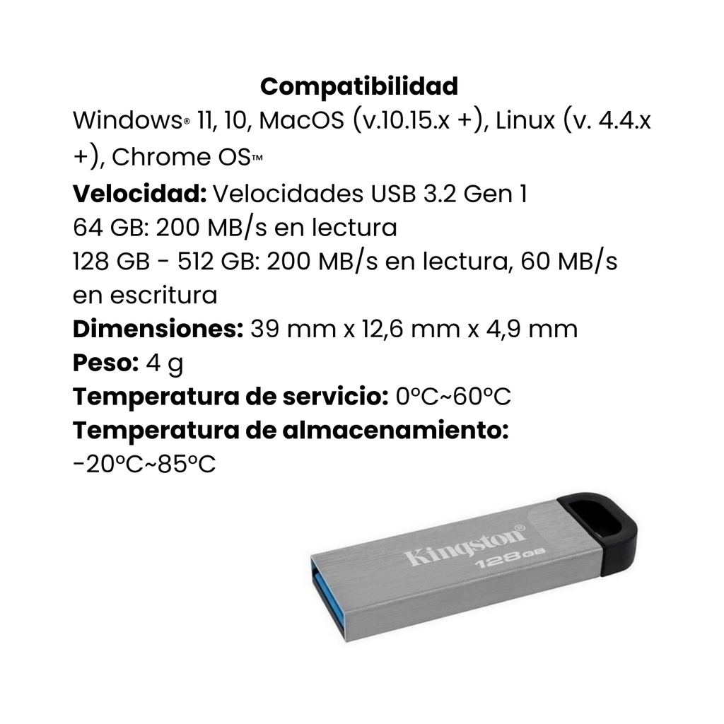 Memoria USB 3.2 Kingston 128GB  Gen 1 Datatraveler
