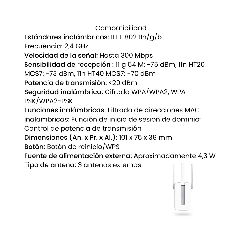 Extensor de Rango MERCUSYS Wifi 300Mbps - Blanco
