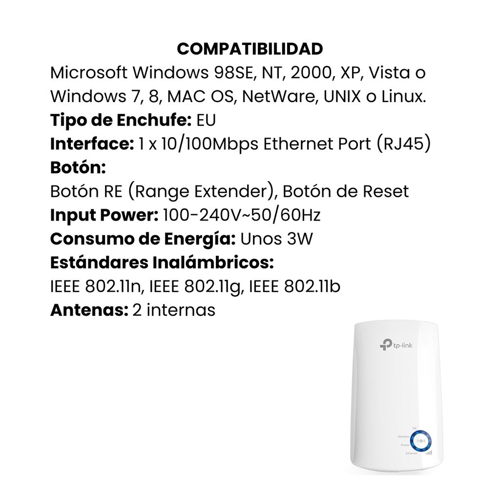 Extensor de Rango TPLINK Inalámbrico, Conector de Pared 300Mbps Blanco