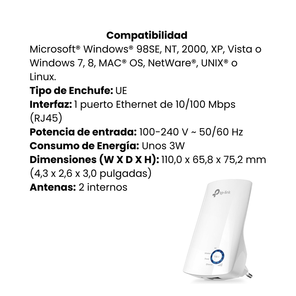 Extensor de Rango TPLINK Inalámbrico, Conector de Pared 300Mbps Blanco