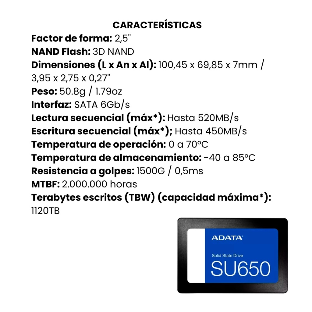Unidad Estado Solido ADATA SU650 1TB