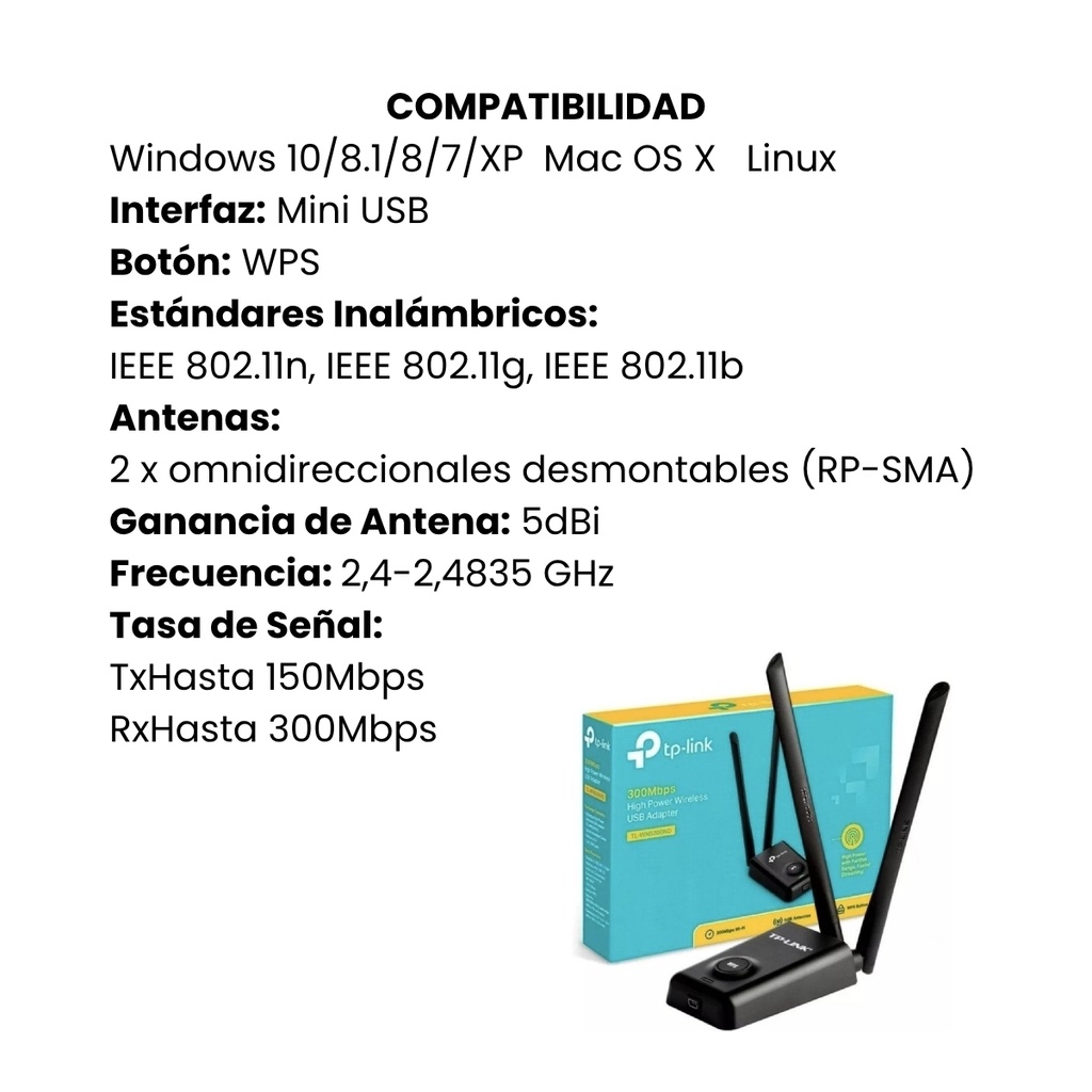 Extensor de Rango TPLINK USB de Alta Potencia 300Mbps 2.4 GHz Blanco