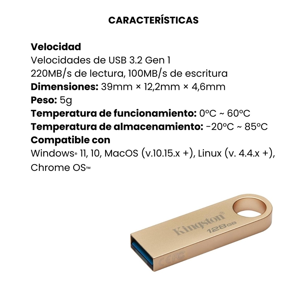 Memoria USB 3.2 Kingston De Metal 128GB Gen 1 Datatraveler Se9 G3 220Mb/S