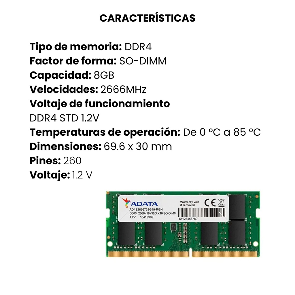 Memoria RAM ADATA Portatil DDR4 8GB Bus 2666