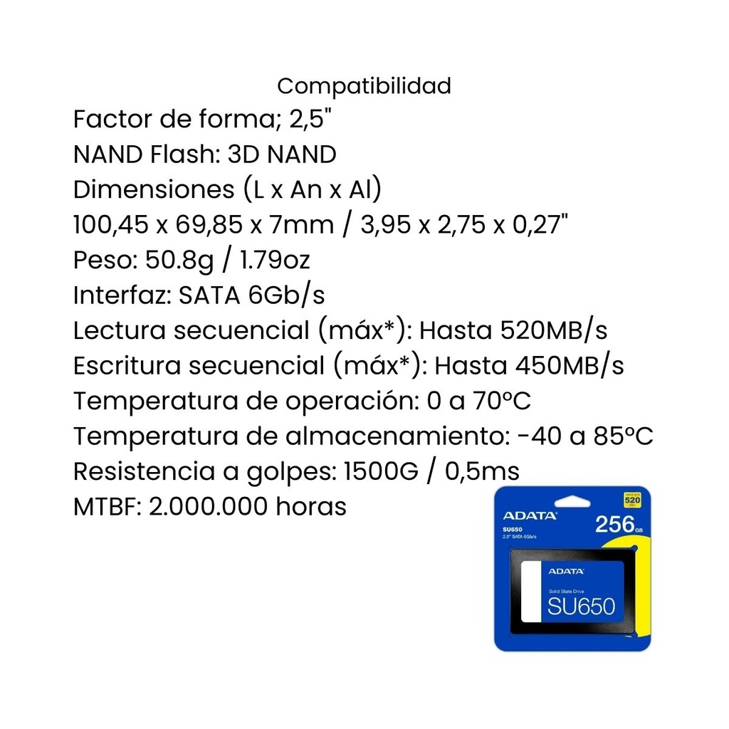 Unidad Estado Sólido Adata Ultimate Su650 256Gb Sata III 520MB/s