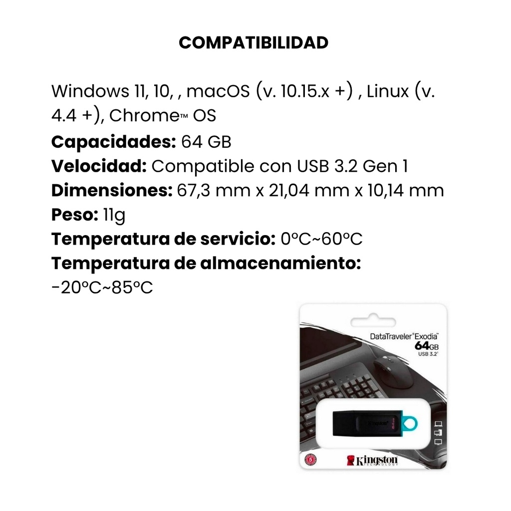 Memoria USB 3.2 Kingston 64GB  Gen 1 Datatraveler Exodia Negro-Azul
