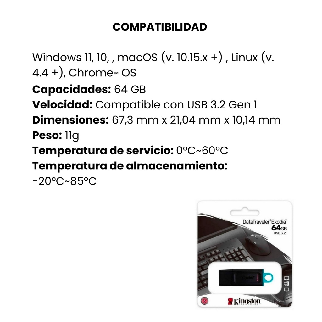 Memoria USB 3.2 Kingston 64GB  Gen 1 Datatraveler Exodia Negro-Azul