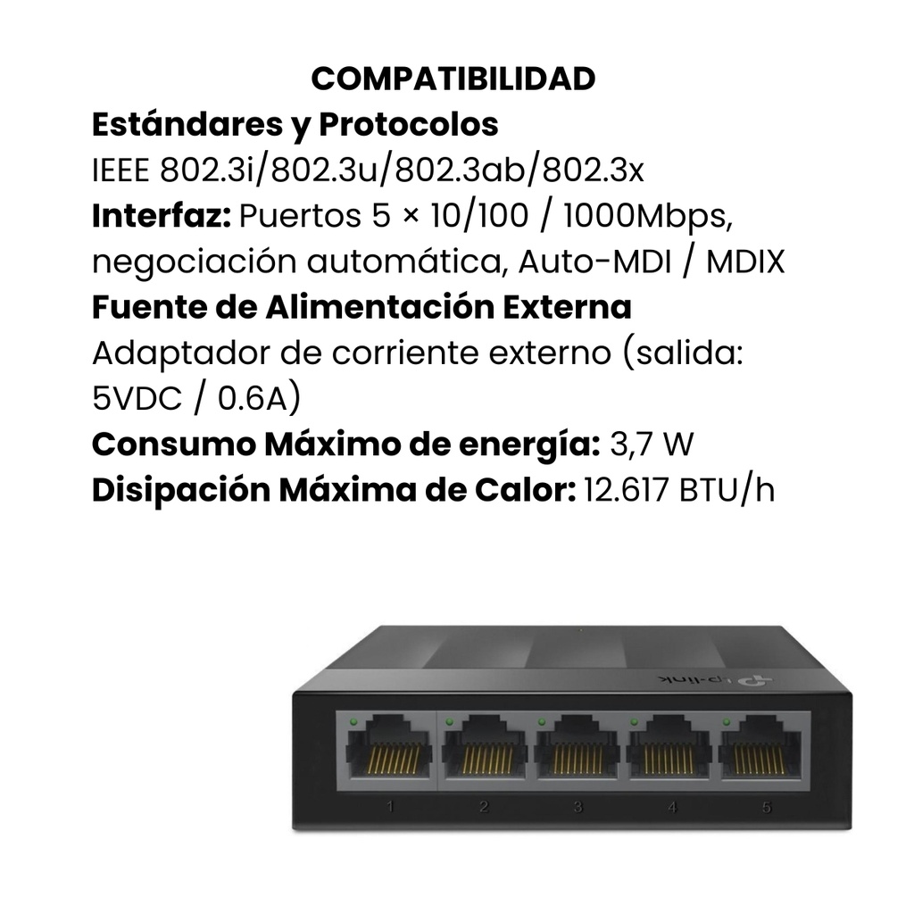 Switch TPLINK Gigabit de escritorio de 5 puertos, 10/100 /1000