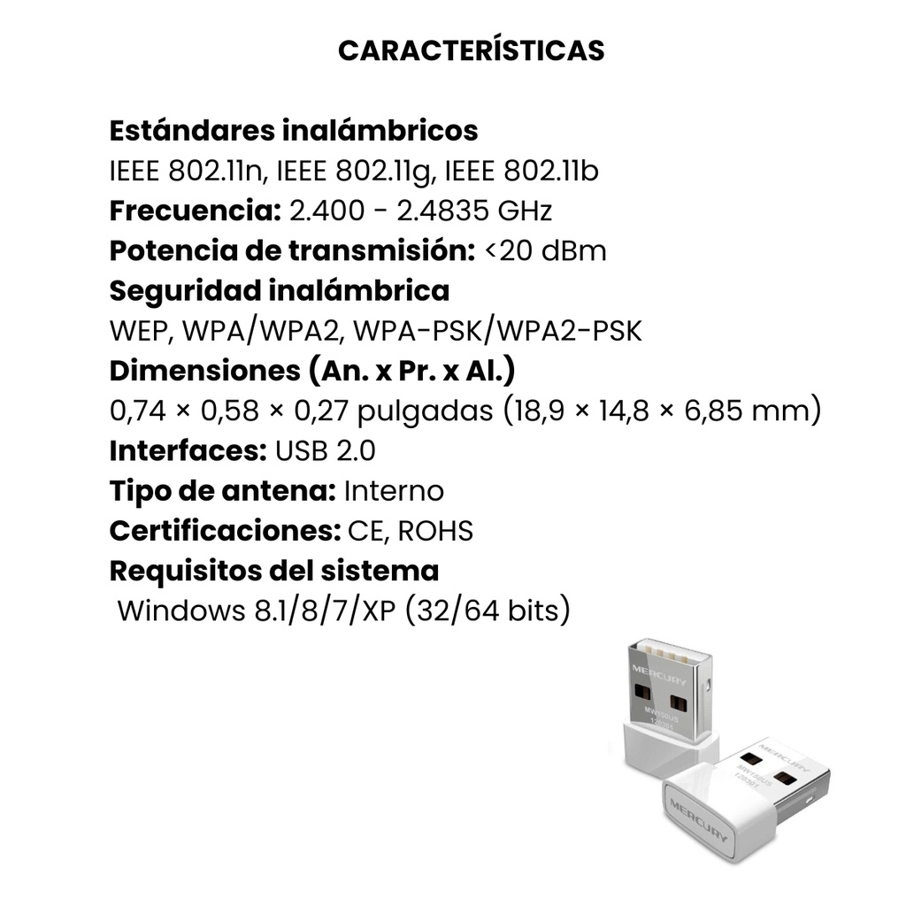 Adaptador Nano MERCUSYS USB 2.0 Inalámbrico de 150Mbps Blanco